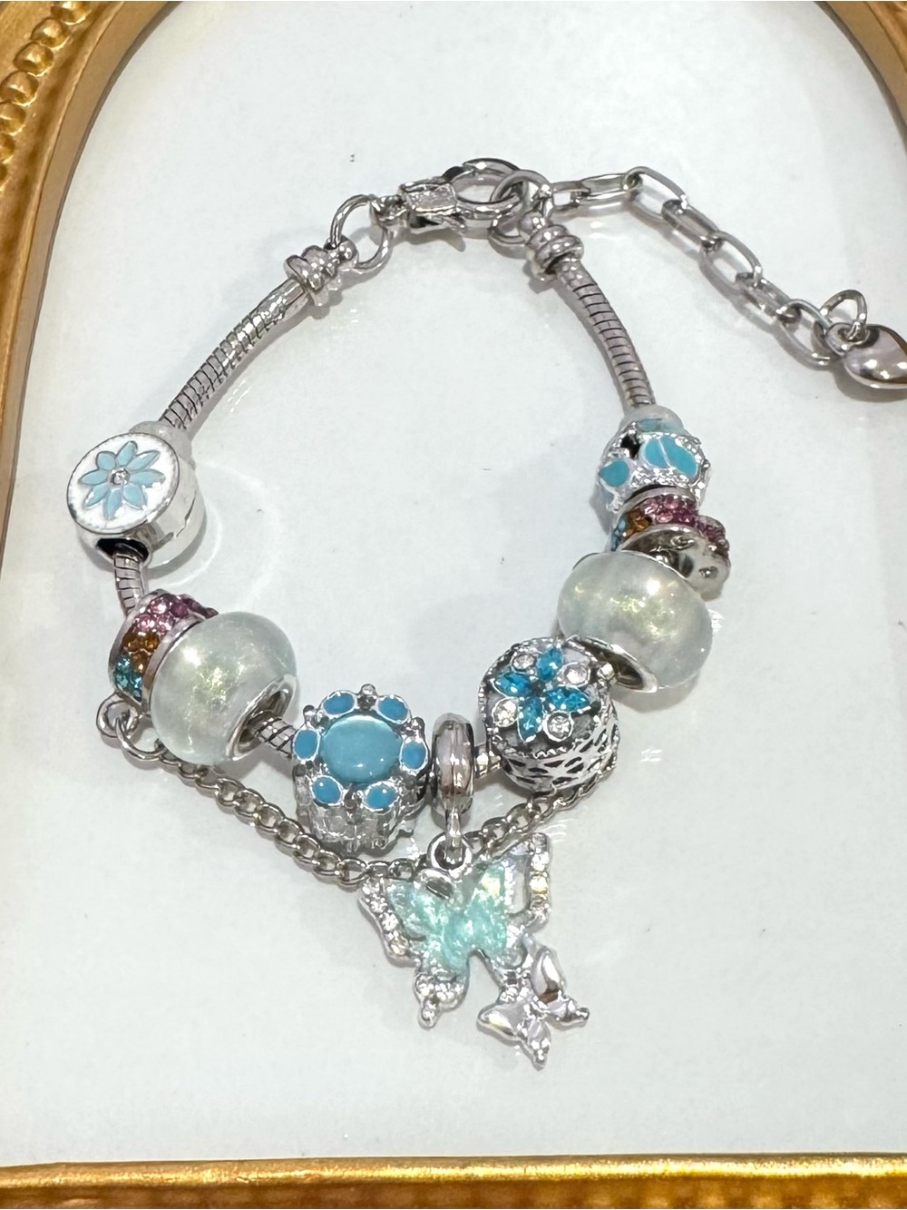 New Stainless Steel Charm Bracelet w/ Blue Charms 7 inches plus extender